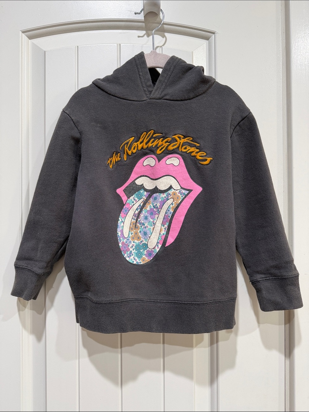 CottonOn Girls Sz 3/4 The Rolling Stones Kids Hoodie - Charcoal with Pink Logo